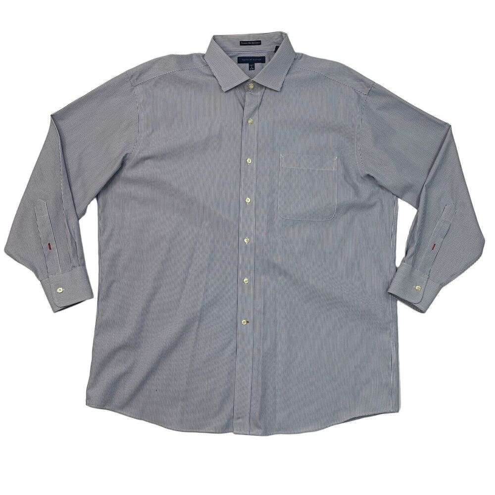 Tommy Hilfiger Shirt Mens 17 Blue Striped Premium Non Iron Cotton Spread Collar